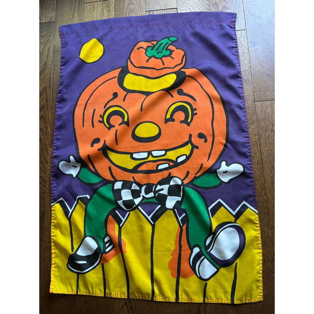 Vintage Halloween Garden Flag Jack O Lantern Pumpkin Picket Fence 28x41.5 Purple